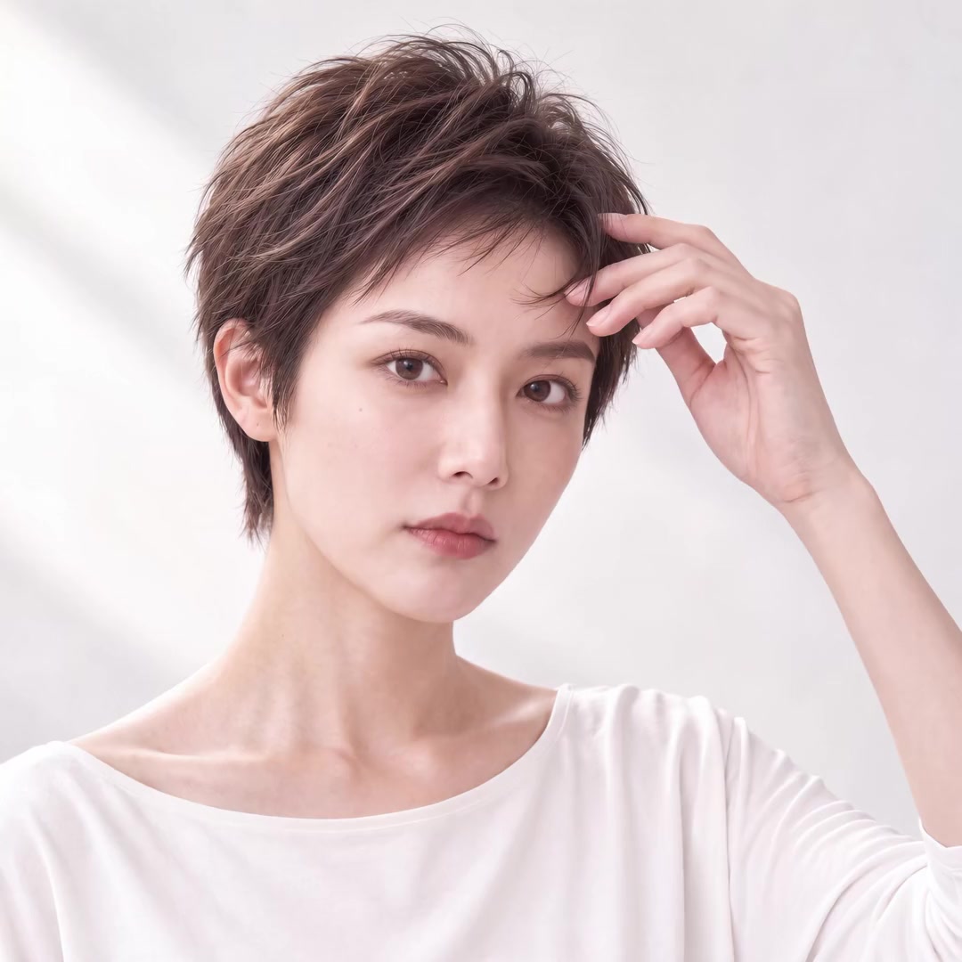 女性が短い髪をかき上げ、自然な生え際を見せる